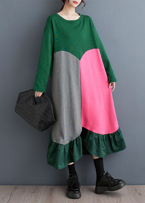 Green Wrinkled Asymmetrical Design Long Dress Fall