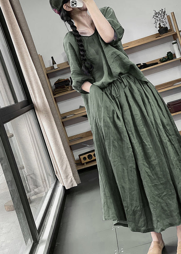 Green Wrinkled Pockets Cotton Two Pieces Set Solid Half Sleeve