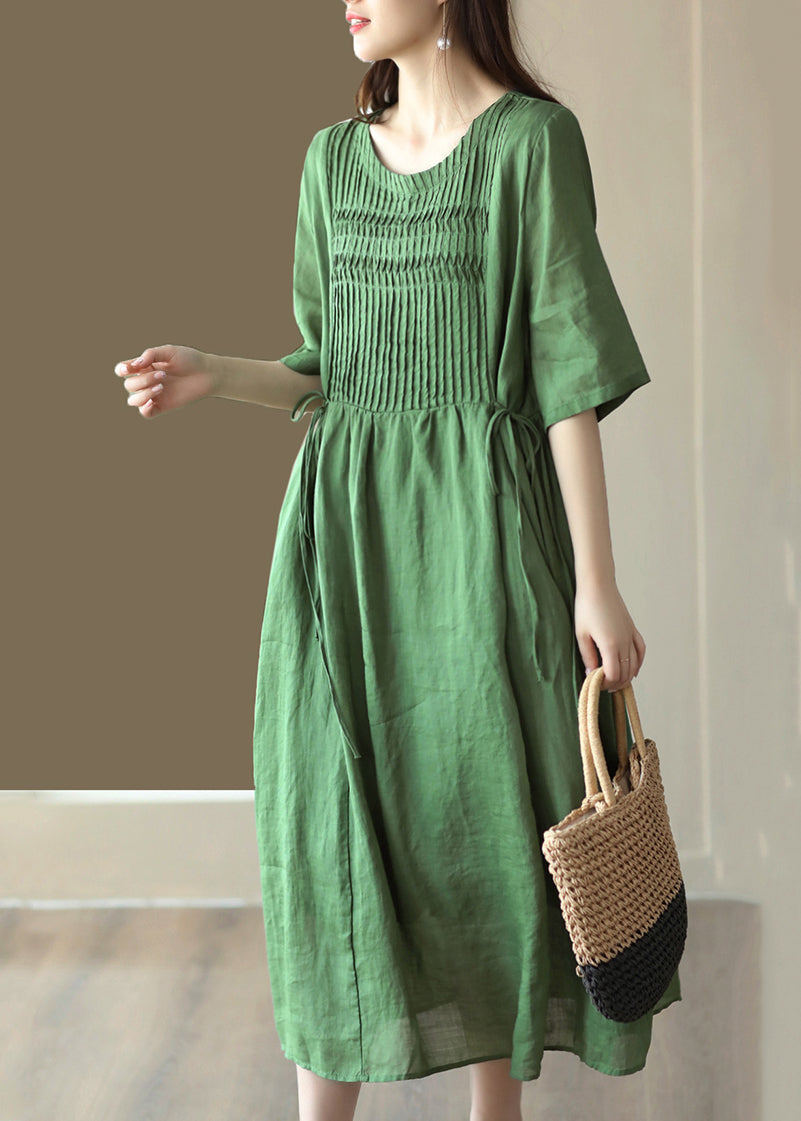 Green Wrinkled Tie Waist Linen Maxi Dress Short Sleeve