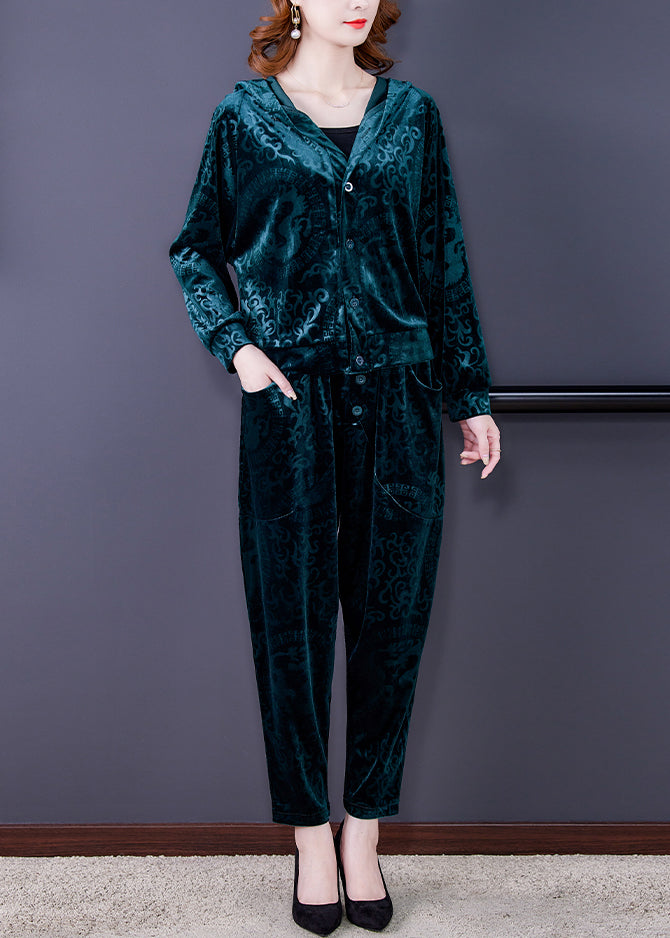 Green Zip Up Silk Velour Coats And Harem Pants Two Pieces Set Long Sleeve