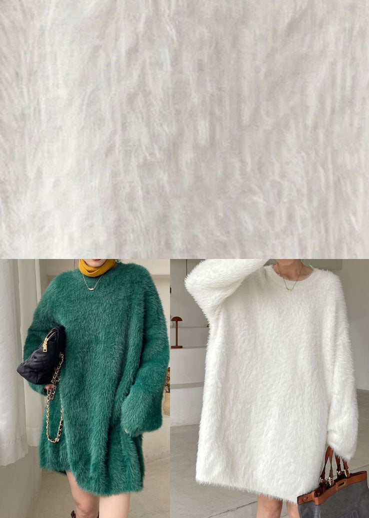 Green cozy Mink Hair Knitted Sweater Dress V Neck Winter