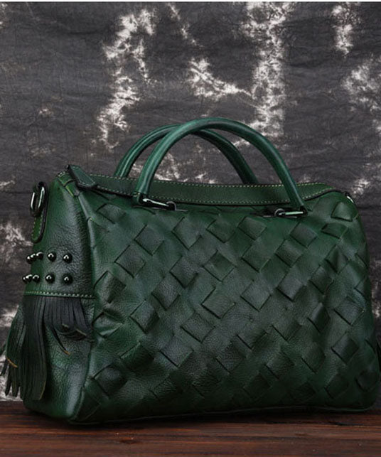 Green weave Paitings Calf Leather Satchel Handbag