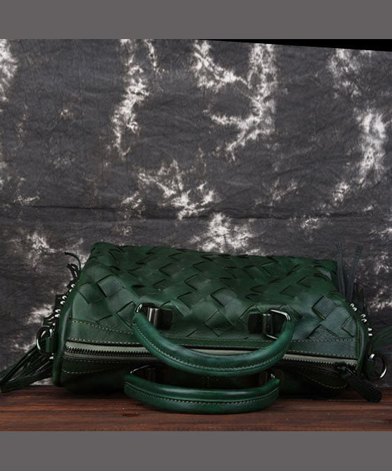 Green weave Paitings Calf Leather Satchel Handbag
