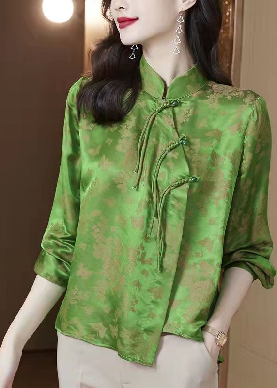 Green Stand Collar Side Open Jacquard Silk Top Long Sleeve