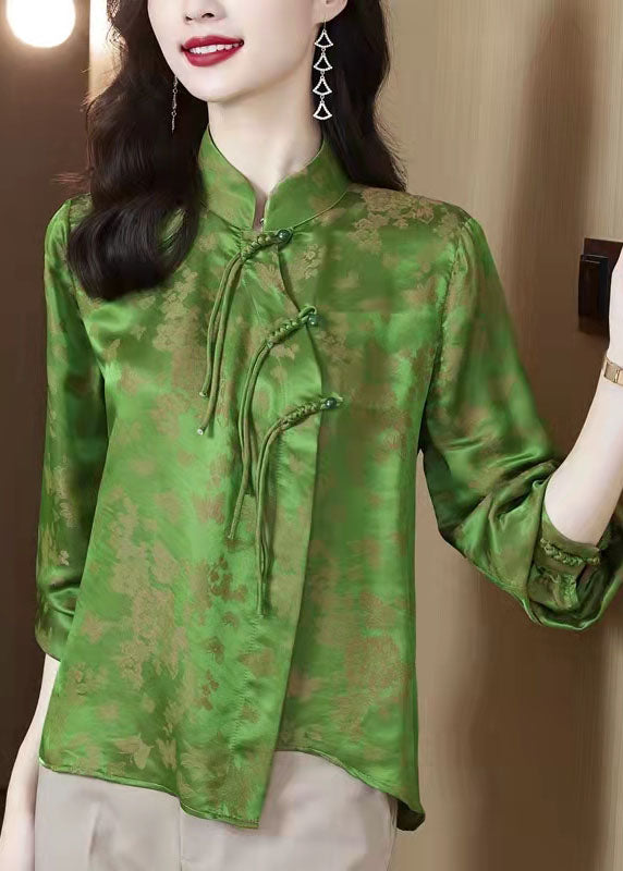 Green Stand Collar Side Open Jacquard Silk Top Long Sleeve