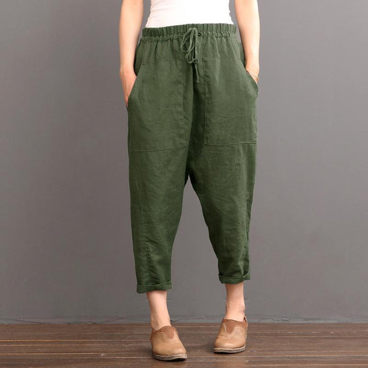 Green Linen pants summer crop pants elastic waist - Omychic