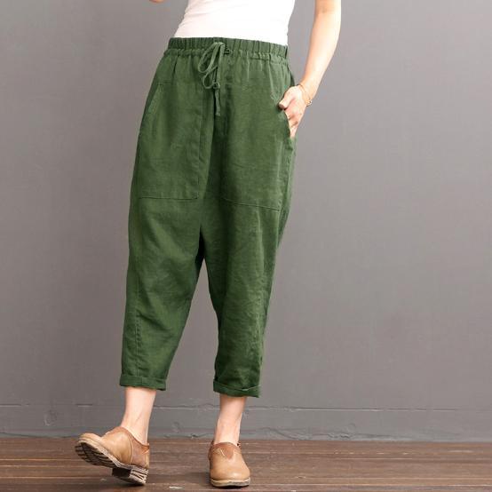 Green Linen pants summer crop pants elastic waist - Omychic