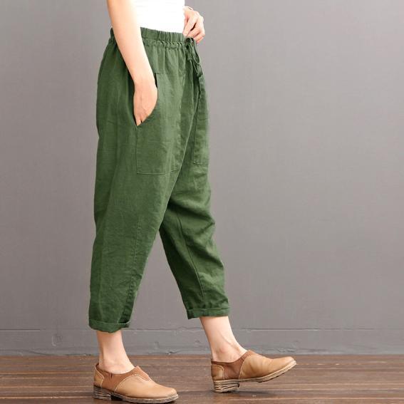 Green Linen pants summer crop pants elastic waist - Omychic