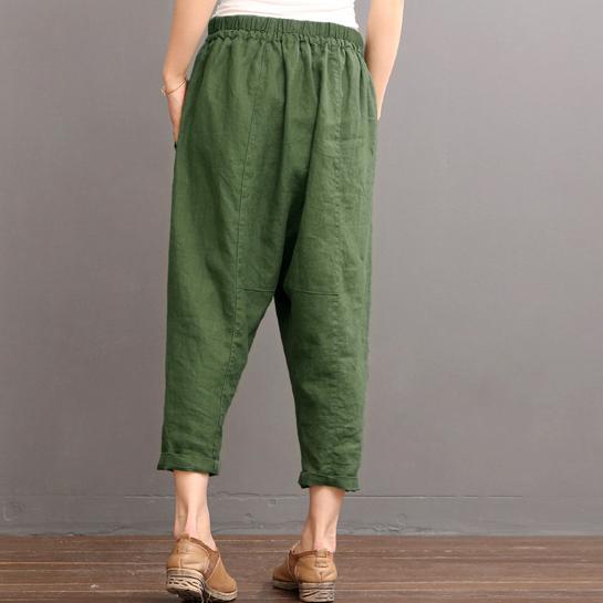 Green Linen pants summer crop pants elastic waist - Omychic