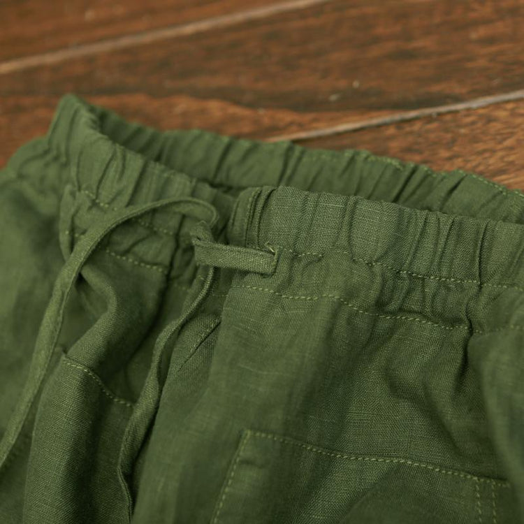 Green Linen pants summer crop pants elastic waist - Omychic