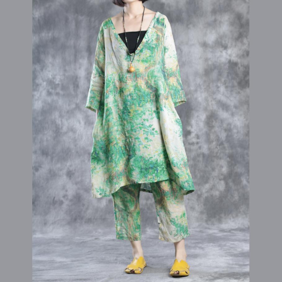 Green V neck linen dresses oversize caftans plus size - Omychic