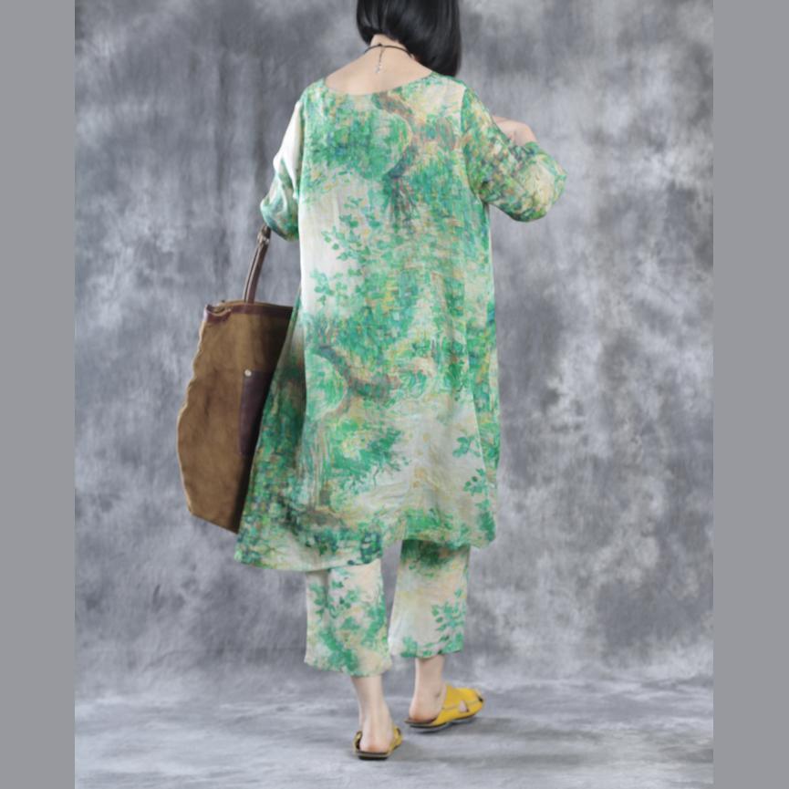 Green V neck linen dresses oversize caftans plus size - Omychic