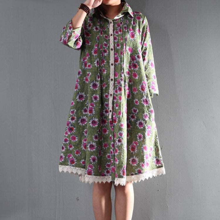 Green daisy print causal cotton sundress plus size linen maternity summer dresses - Omychic