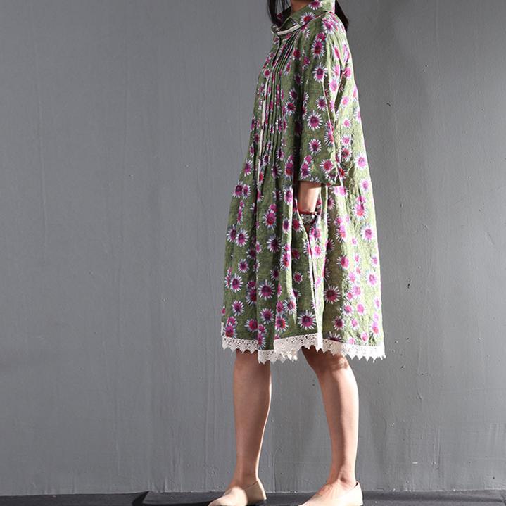 Green daisy print causal cotton sundress plus size linen maternity summer dresses - Omychic