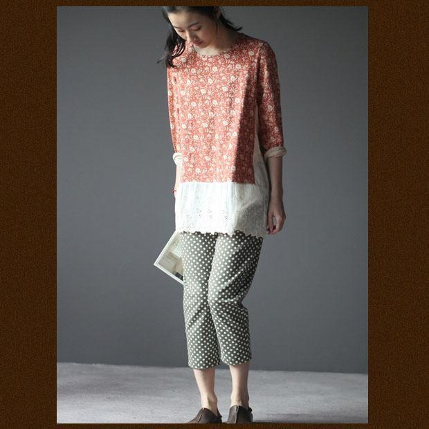 Green dotted cotton women cropped trousers cropped pants - Omychic