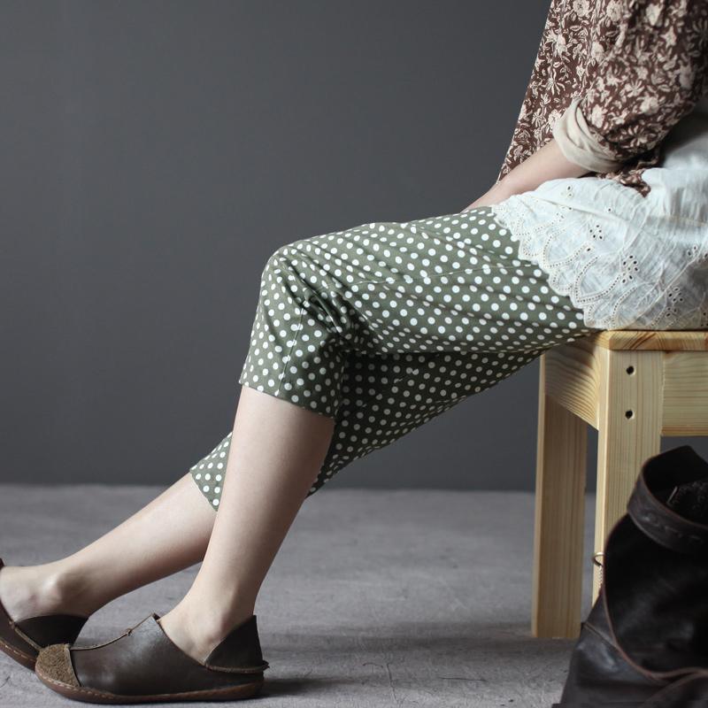 Green dotted cotton women cropped trousers cropped pants - Omychic