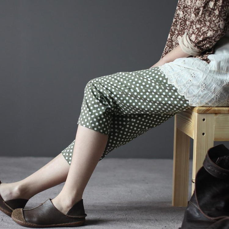 Green dotted cotton women cropped trousers cropped pants - Omychic