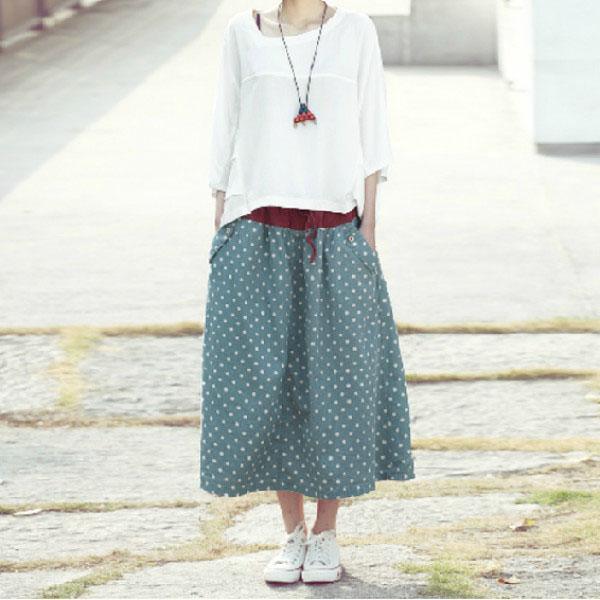 Green dotted linen skirts plus size skirt - Omychic