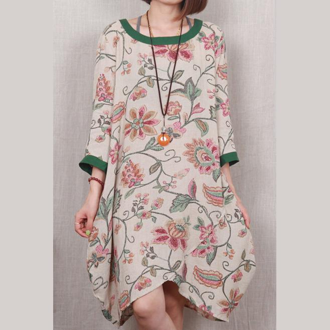Green floral cotton sundress handmade plus size shift dress casual blouse - Omychic