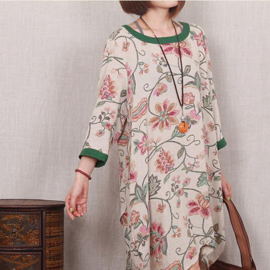 Green floral cotton sundress handmade plus size shift dress casual blouse - Omychic