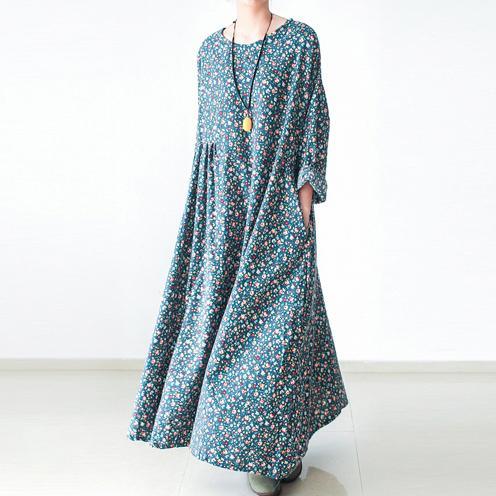 Green floral plus size cotton dresses long sleeve fall dresses print maxi dresses - Omychic