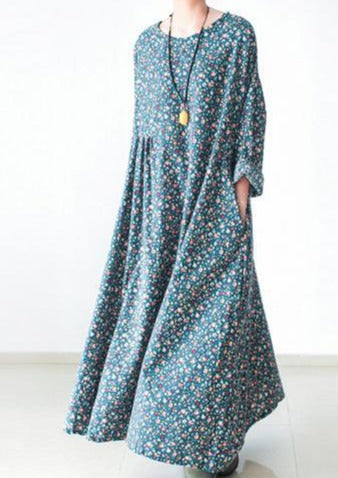 Green floral plus size cotton dresses long sleeve fall dresses print maxi dresses - Omychic