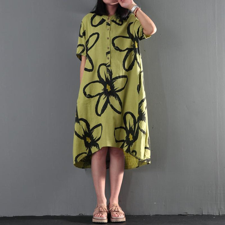 Green floral print maxi dress linen summer dress causal sundresses - Omychic