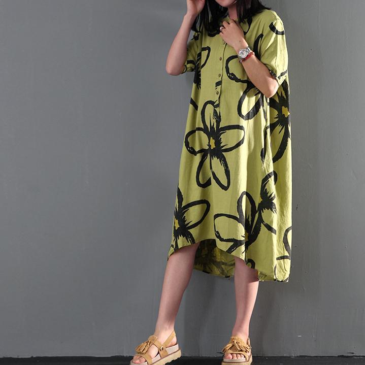 Green floral print maxi dress linen summer dress causal sundresses - Omychic