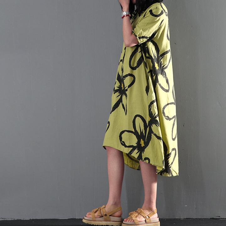 Green floral print maxi dress linen summer dress causal sundresses - Omychic