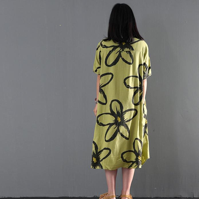 Green floral print maxi dress linen summer dress causal sundresses - Omychic