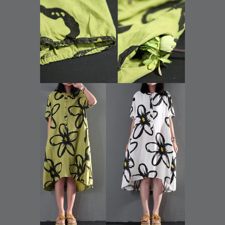 Green floral print maxi dress linen summer dress causal sundresses - Omychic