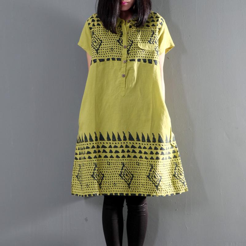Green floral sundress linen summer shift dresses short sleeve - Omychic