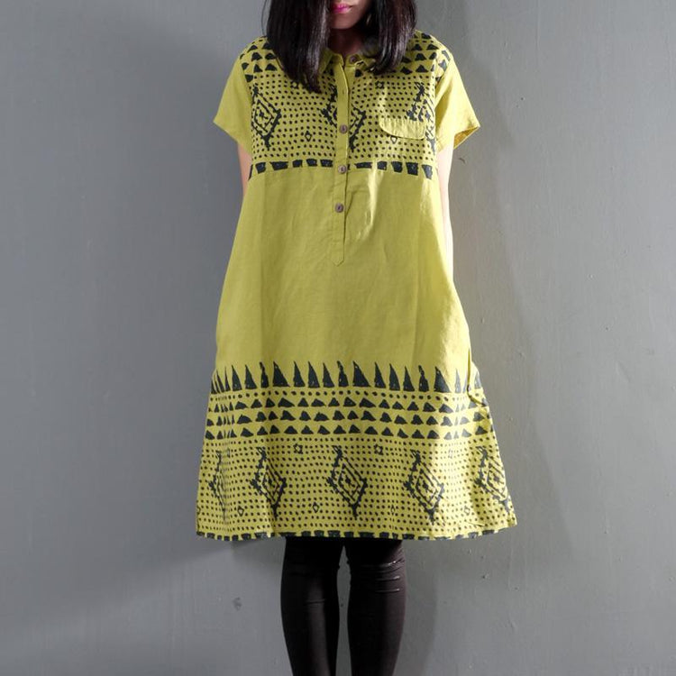 Green floral sundress linen summer shift dresses short sleeve - Omychic