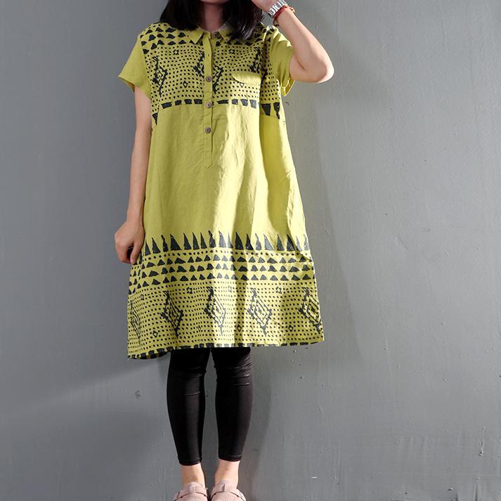 Green floral sundress linen summer shift dresses short sleeve - Omychic