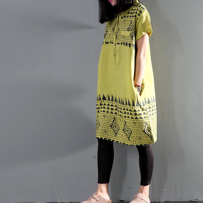 Green floral sundress linen summer shift dresses short sleeve - Omychic