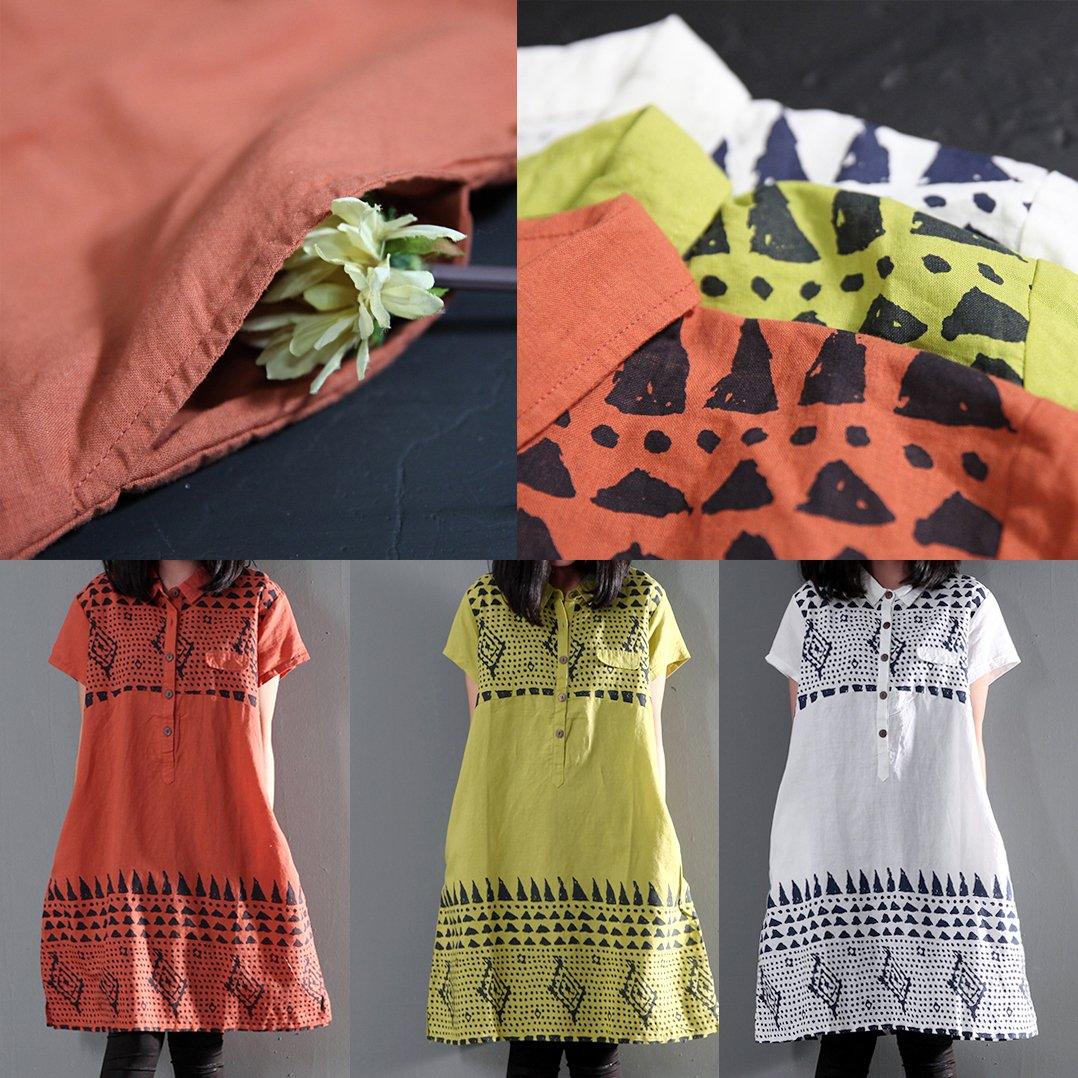 Green floral sundress linen summer shift dresses short sleeve - Omychic