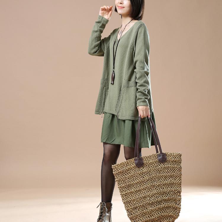 Green layered sweaters oversize knit dresses - Omychic