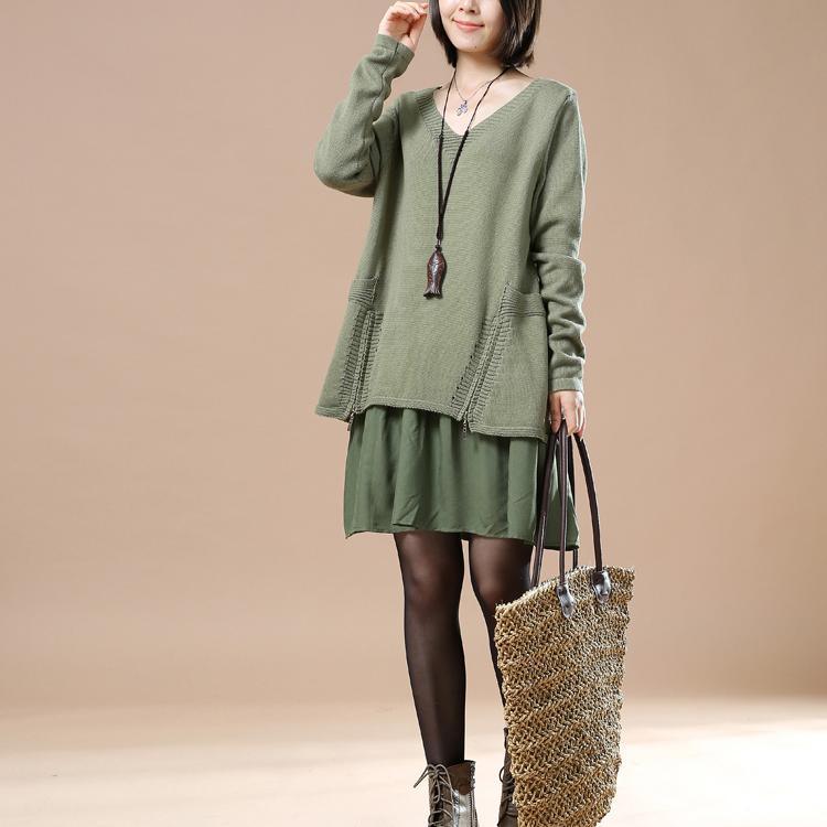 Green layered sweaters oversize knit dresses - Omychic