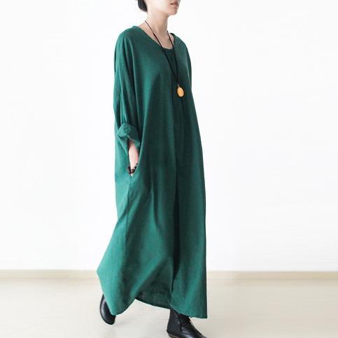 Green linen dresses long sleeves caftans cotton maxi dress - Omychic