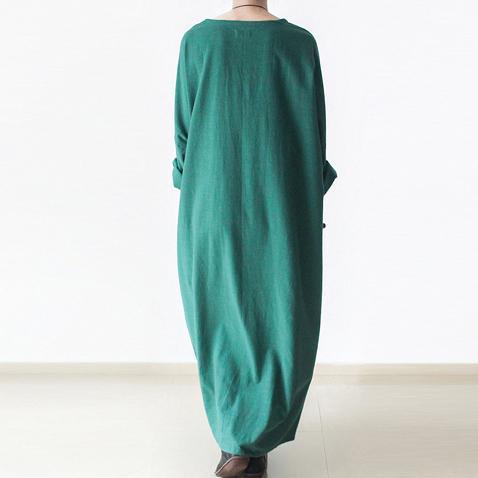 Green linen dresses long sleeves caftans cotton maxi dress - Omychic