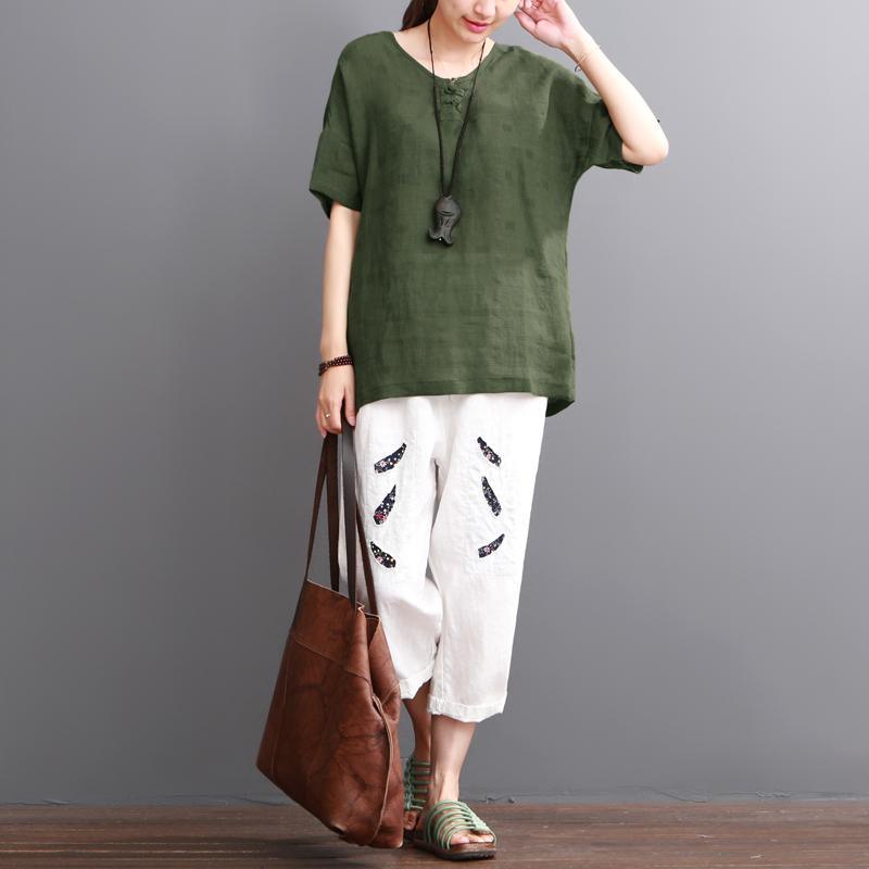 Green linen shirt summer short sleeve blouse women top - Omychic