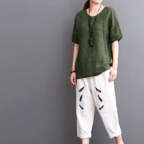 Green linen shirt summer short sleeve blouse women top - Omychic