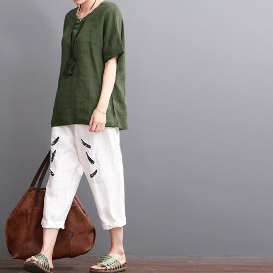 Green linen shirt summer short sleeve blouse women top - Omychic