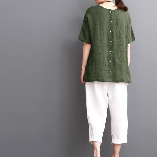 Green linen shirt summer short sleeve blouse women top - Omychic