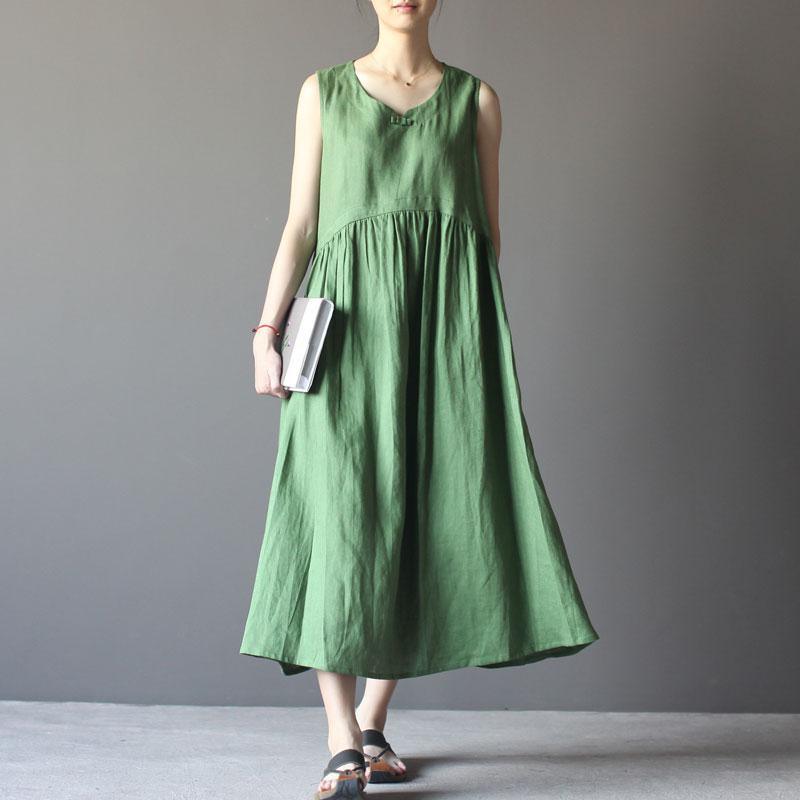 Green linen summer maxi dress sleeveless sundress vestidos - Omychic