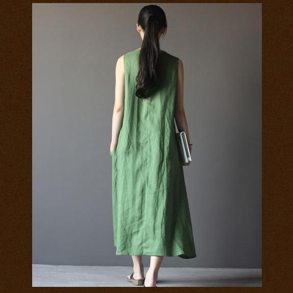 Green linen summer maxi dress sleeveless sundress vestidos - Omychic