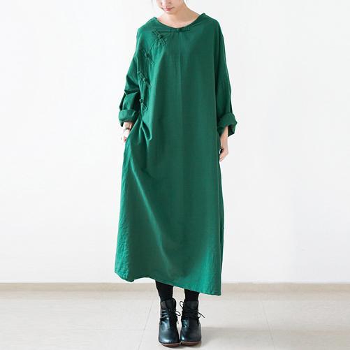 Green long spring linen dresses Vintage style cotton dress - Omychic