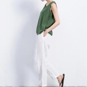 Green natural linen tank top women summer shirt blouse - Omychic