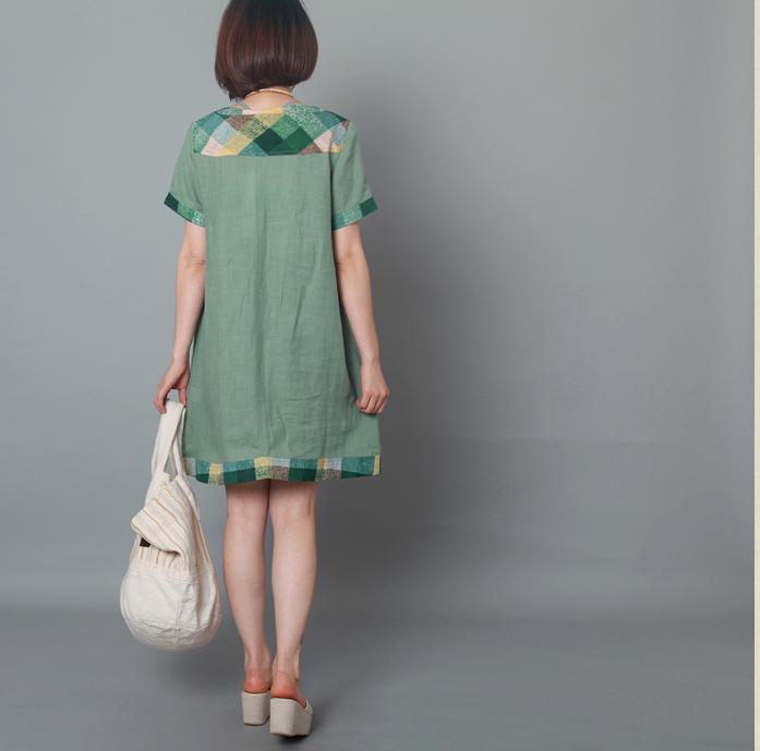 Green overszie linen sundress baggy short sleeve summer dress casual - Omychic