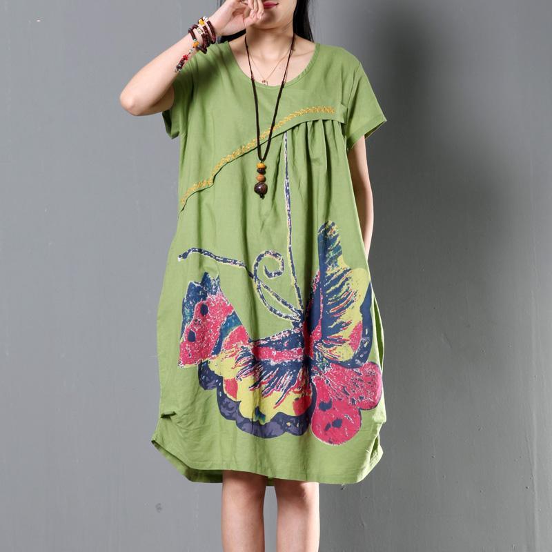 Green plus size sundress casual short sleeve summer shift dresses flying butterfly - Omychic